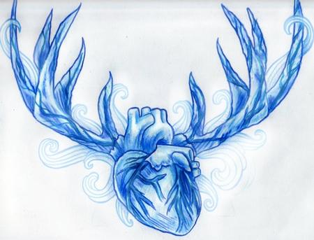 Tattoos - Blue Sketchbook Anatomical Heart with Deer Antlers Tattoo Concept - 60613